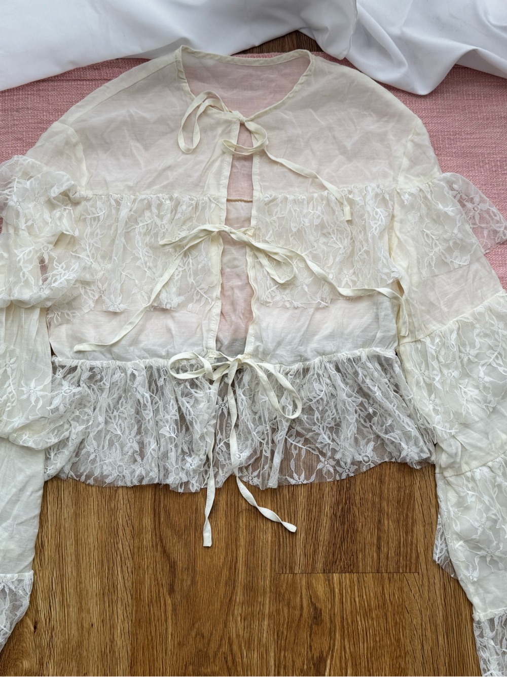 SHEIN Ivory Sheer Lace Tie-Front Top